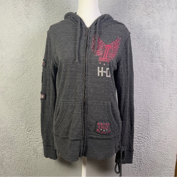 Harley-Davidson Sweaters - Harley Daviosn Zip Up Hoodie Womens Large Gray American Legend Rebels Patches